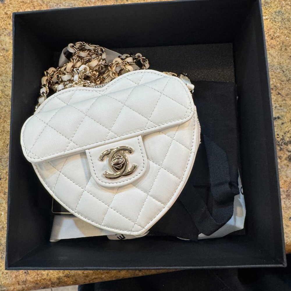 Chanel Lambskin Quilted CC In Love Heart Clutch With White Chain